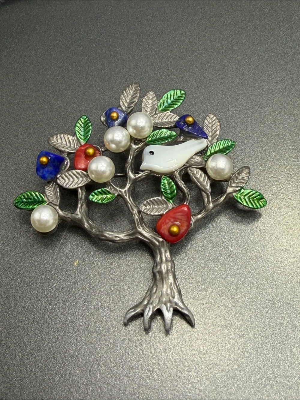 Decorative Bird on Tree Brooch - Green, Red, Blue, Mixed Media #297ub